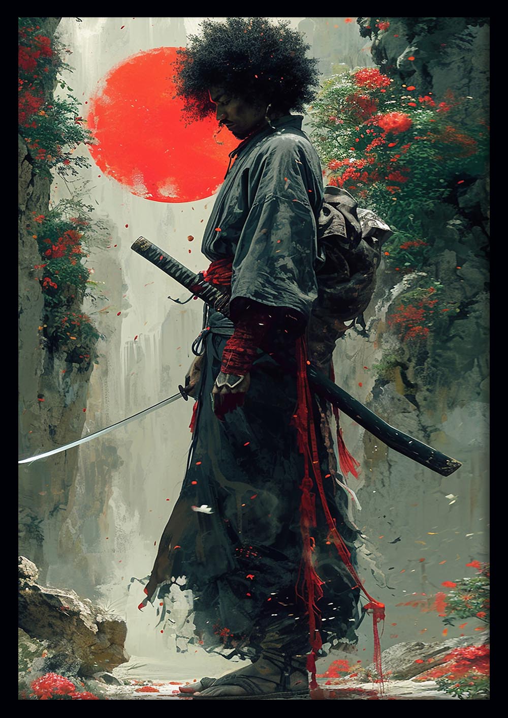 Afro Samurai with Katana – Warrior Spirit in Japanese Sun Canvas & Poster Print – T1280 – AiPrintLab