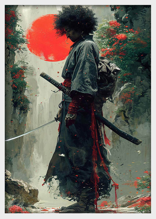 Afro Samurai with Katana – Warrior Spirit in Japanese Sun Canvas & Poster Print – T1280 – AiPrintLab