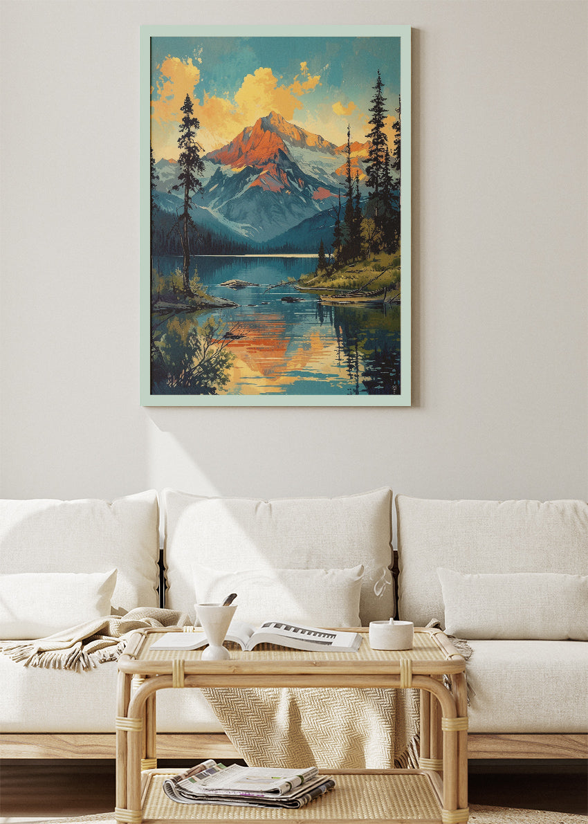 Alpine Lake at Golden Hour – Majestic Mountain Reflection Wall Art Poster & Canvas