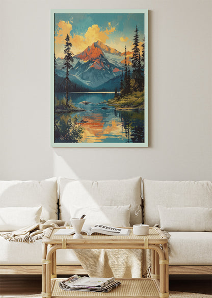 Alpine Lake at Golden Hour – Majestic Mountain Reflection Wall Art Poster & Canvas