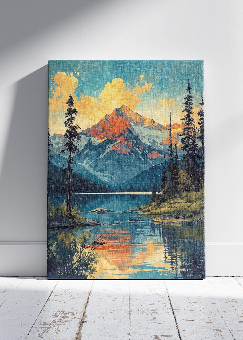 Alpine Lake at Golden Hour – Majestic Mountain Reflection Wall Art Poster & Canvas