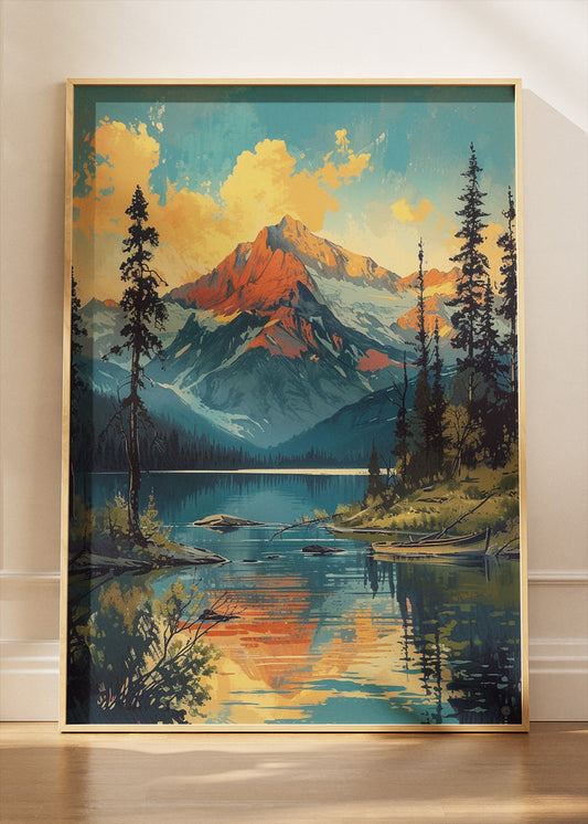 Alpine Lake at Golden Hour – Majestic Mountain Reflection Wall Art Poster & Canvas