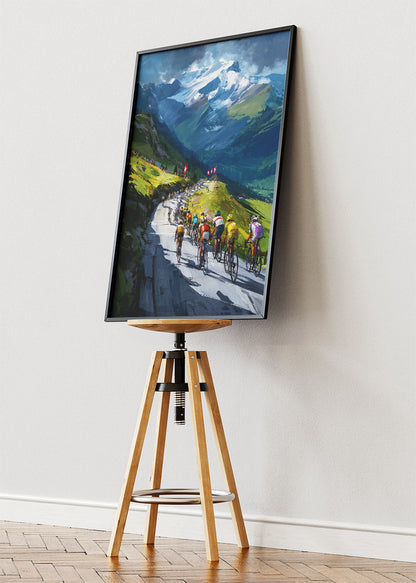 Alpine Peloton Cycling Poster & Canvas Art Print – Mountain Road Race with Snow-Capped Peaks