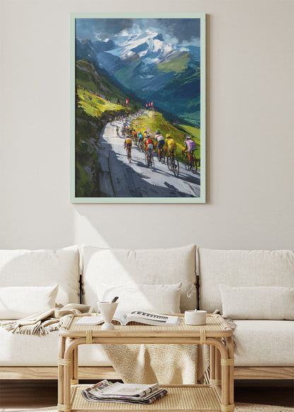 Alpine Peloton Cycling Poster & Canvas Art Print – Mountain Road Race with Snow-Capped Peaks