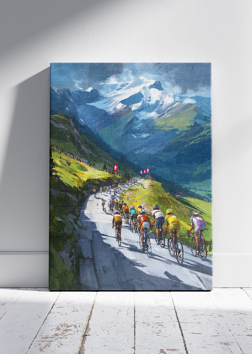 Alpine Peloton Cycling Poster & Canvas Art Print – Mountain Road Race with Snow-Capped Peaks