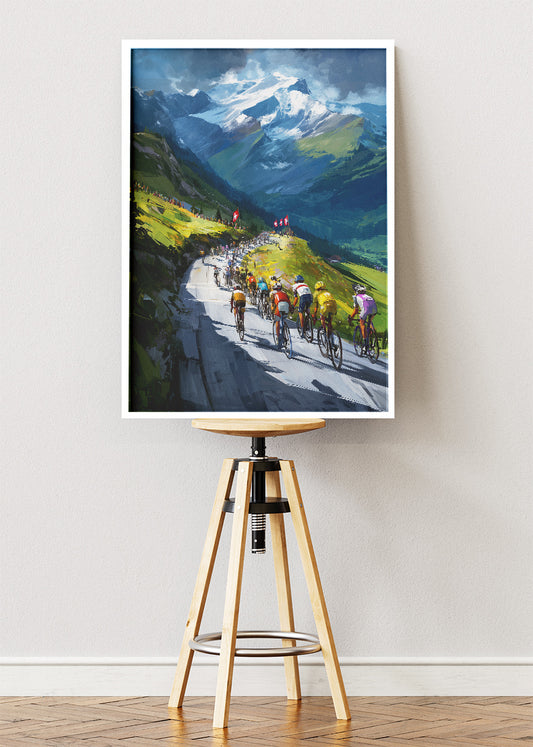 Alpine Peloton Cycling Poster & Canvas Art Print – Mountain Road Race with Snow-Capped Peaks