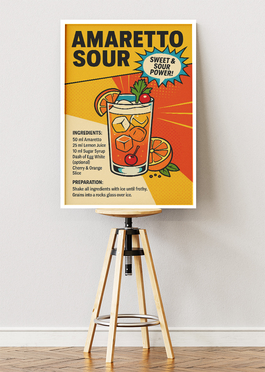 Amaretto Sour Pop Art Recipe Poster & Canvas Print | Retro Cocktail Wall Art