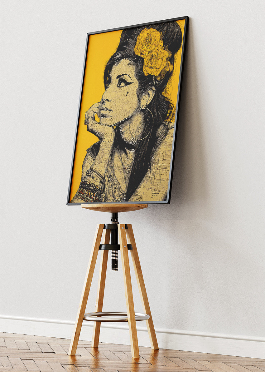 Amy Winehouse Yellow Portrait Wall Art Poster & Canvas Print – Modern Monochrome Icon Illustration