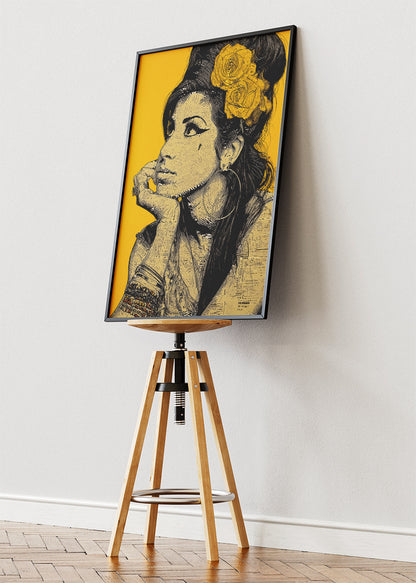 Amy Winehouse Yellow Portrait Wall Art Poster & Canvas Print – Modern Monochrome Icon Illustration