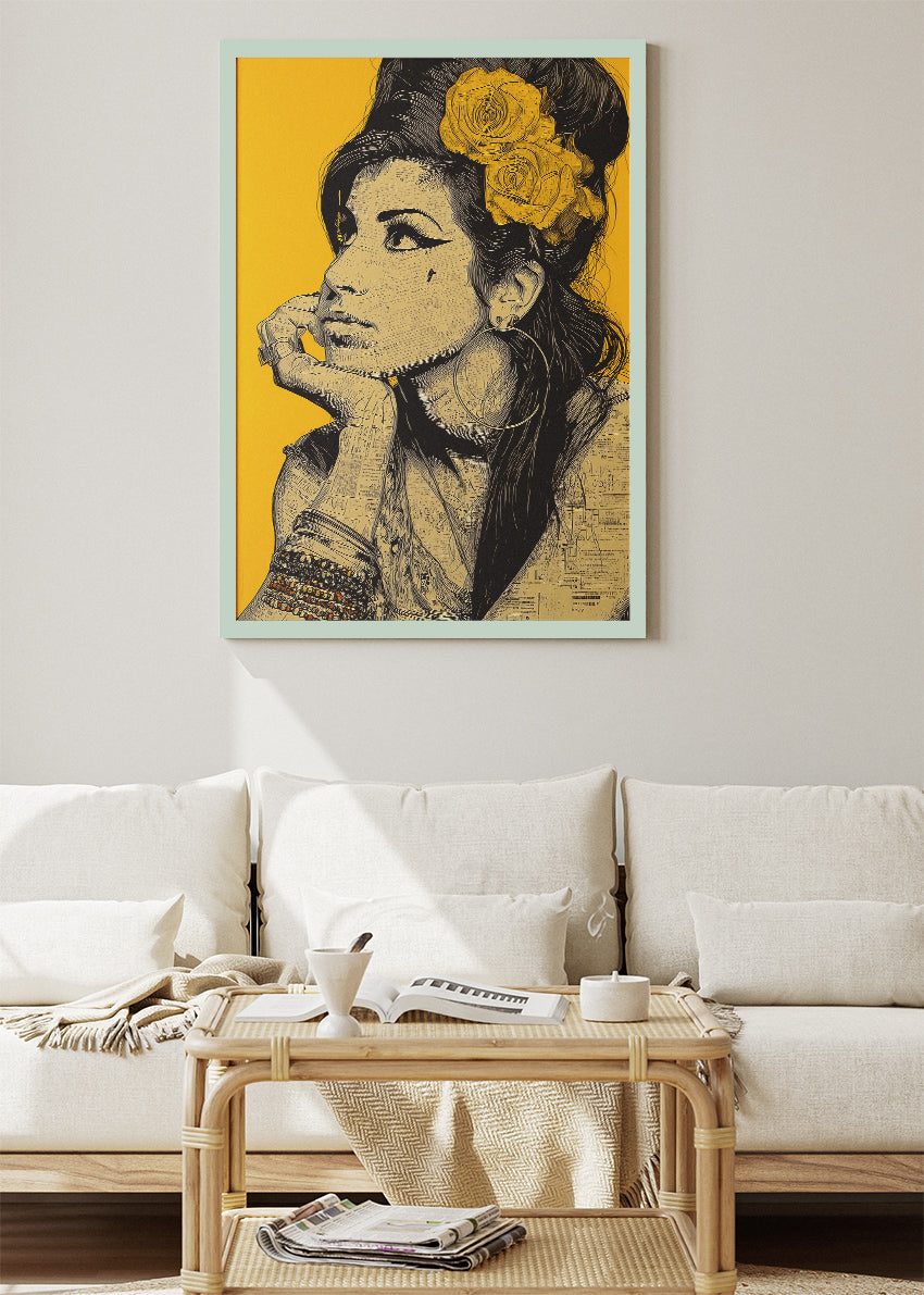 Amy Winehouse Yellow Portrait Wall Art Poster & Canvas Print – Modern Monochrome Icon Illustration