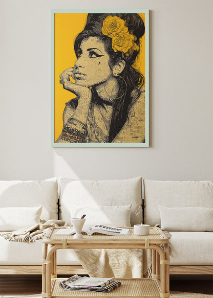 Amy Winehouse Yellow Portrait Wall Art Poster & Canvas Print – Modern Monochrome Icon Illustration