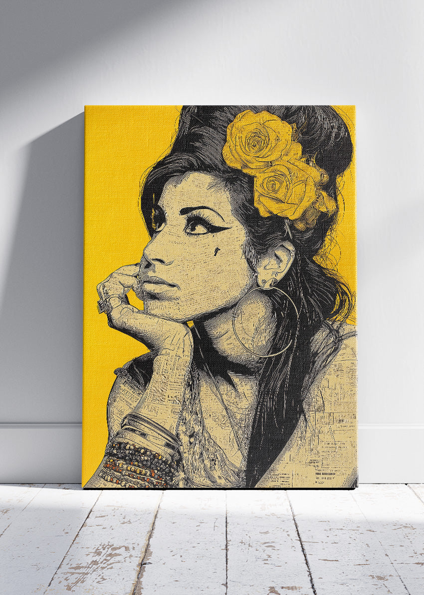 Amy Winehouse Yellow Portrait Wall Art Poster & Canvas Print – Modern Monochrome Icon Illustration