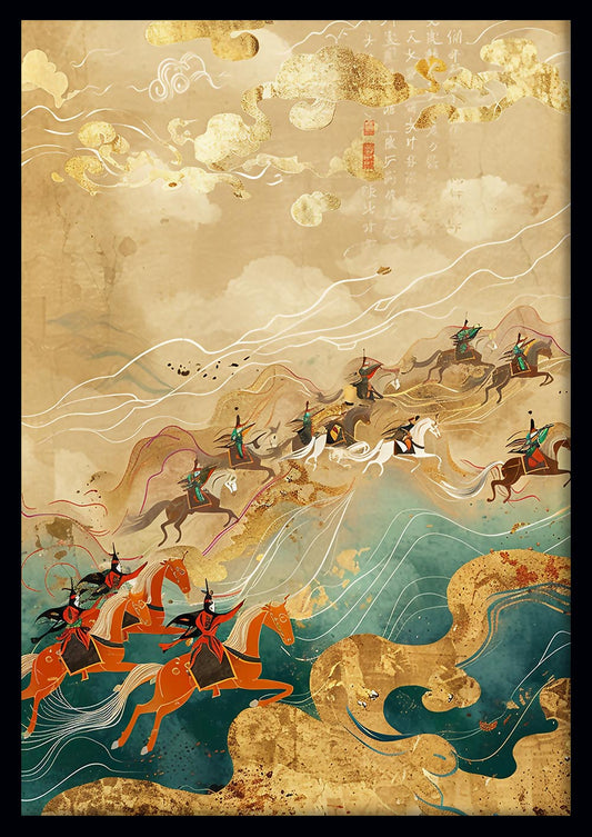 Ancient Asian Warrior Riders – Traditional Ink & Gold Wall Art Canvas Print – T896 – AiPrintLab