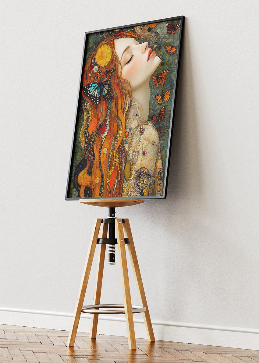 Art Nouveau Woman Wall Art – Butterfly Portrait Canvas Print & Elegant Bohemian Statement Poster for Living Room Decor UK