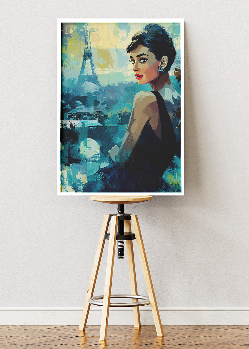 Audrey Hepburn Paris at Dusk – Elegant Eiffel Tower Wall Art Poster & Canvas Print