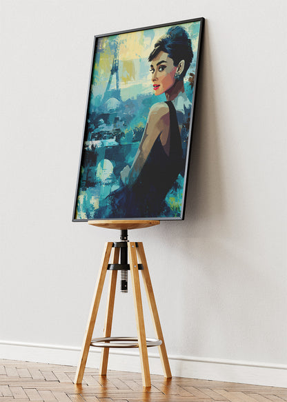 Audrey Hepburn Paris at Dusk – Elegant Eiffel Tower Wall Art Poster & Canvas Print