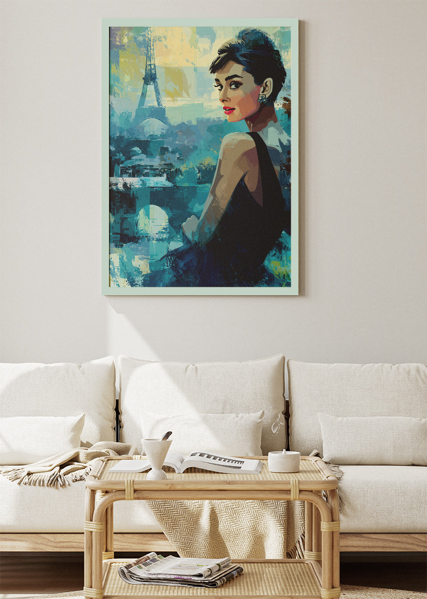 Audrey Hepburn Paris at Dusk – Elegant Eiffel Tower Wall Art Poster & Canvas Print