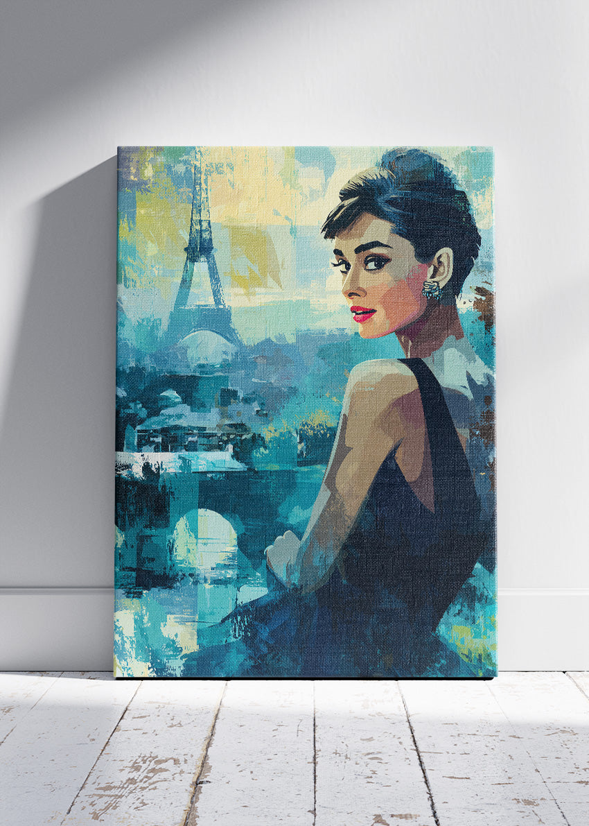 Audrey Hepburn Paris at Dusk – Elegant Eiffel Tower Wall Art Poster & Canvas Print