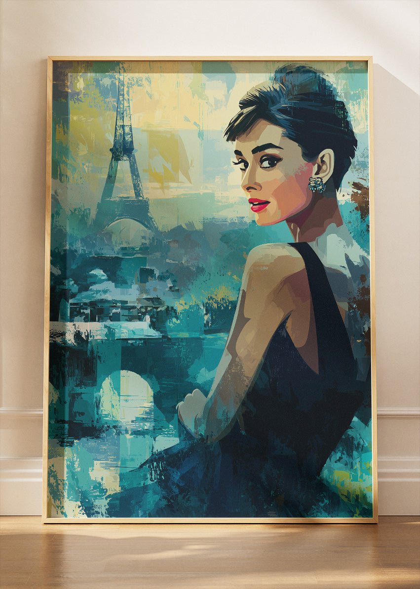 Audrey Hepburn Paris at Dusk – Elegant Eiffel Tower Wall Art Poster & Canvas Print