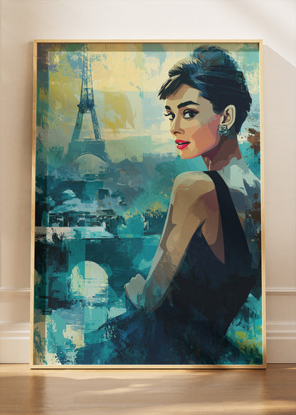 Audrey Hepburn Paris at Dusk – Elegant Eiffel Tower Wall Art Poster & Canvas Print