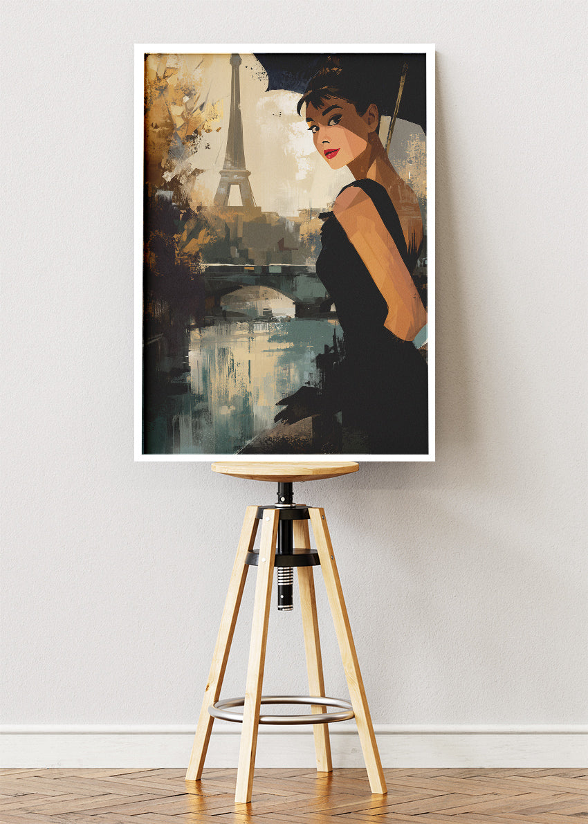 Audrey Hepburn Parisian Elegance – Eiffel Tower Vintage Style Wall Art Poster & Canvas Print