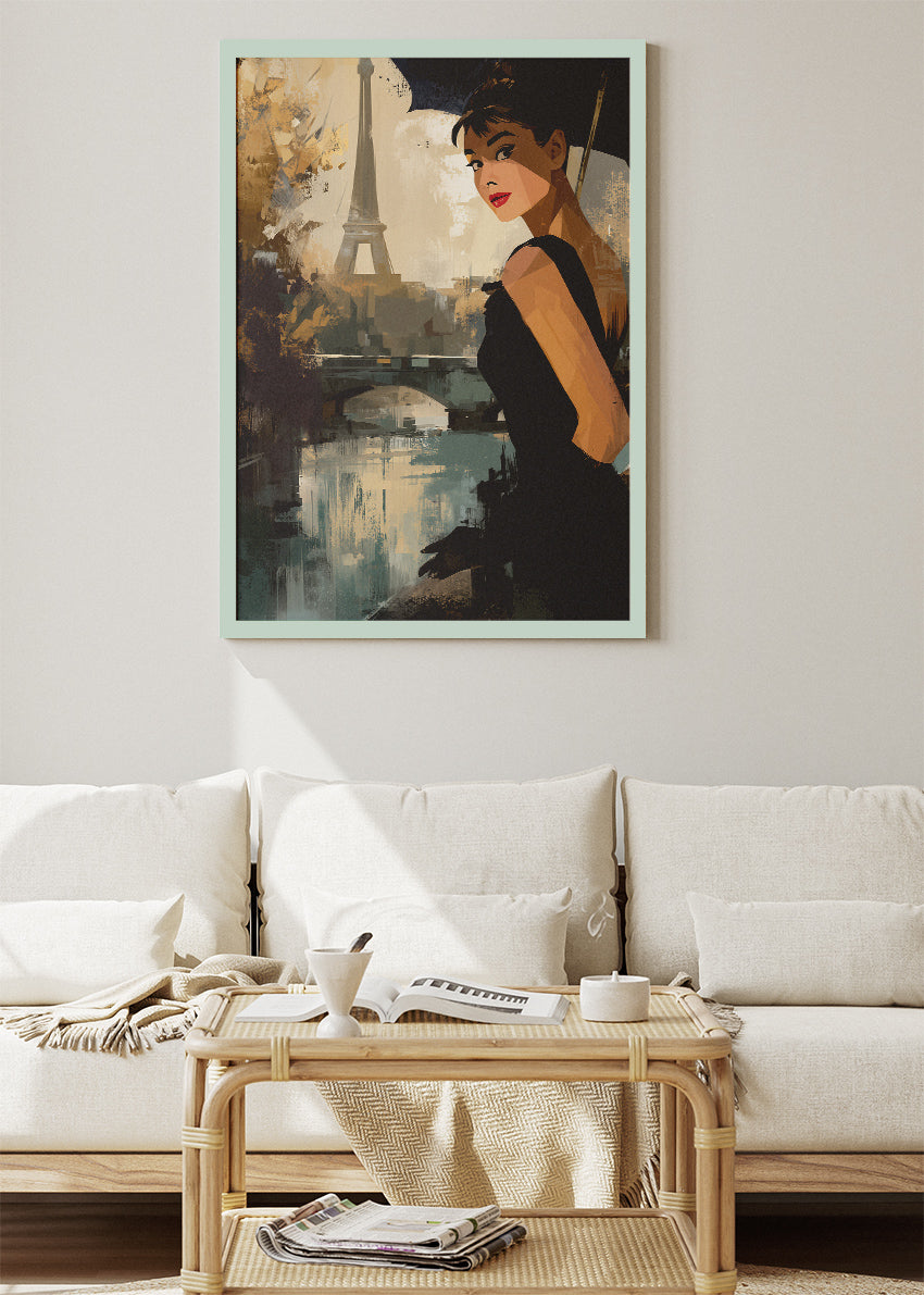 Audrey Hepburn Parisian Elegance – Eiffel Tower Vintage Style Wall Art Poster & Canvas Print