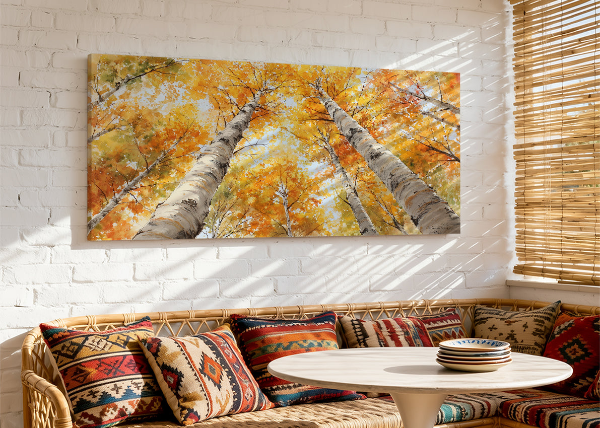Autumn Birch Trees Canvas Wall Art – Golden Fall Forest Single & 3 Panel Canvas