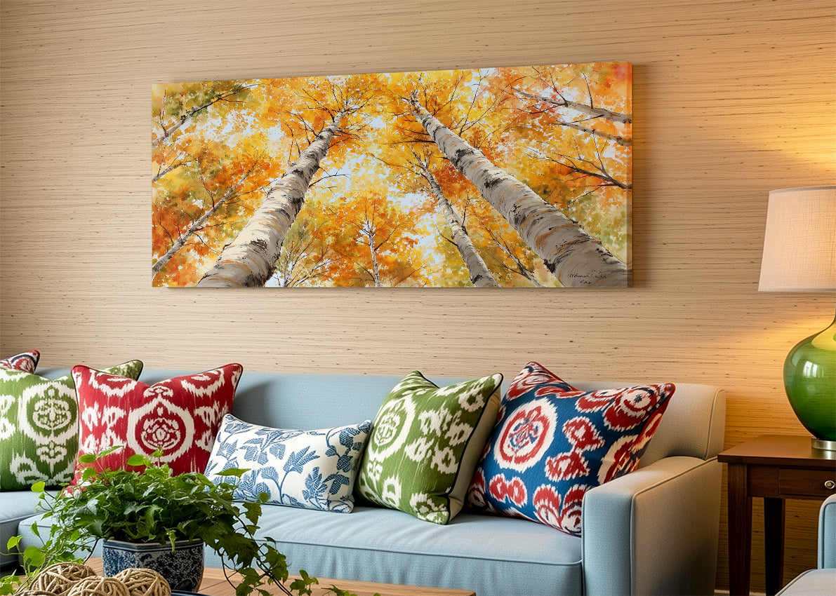 Autumn Birch Trees Canvas Wall Art – Golden Fall Forest Single & 3 Panel Canvas