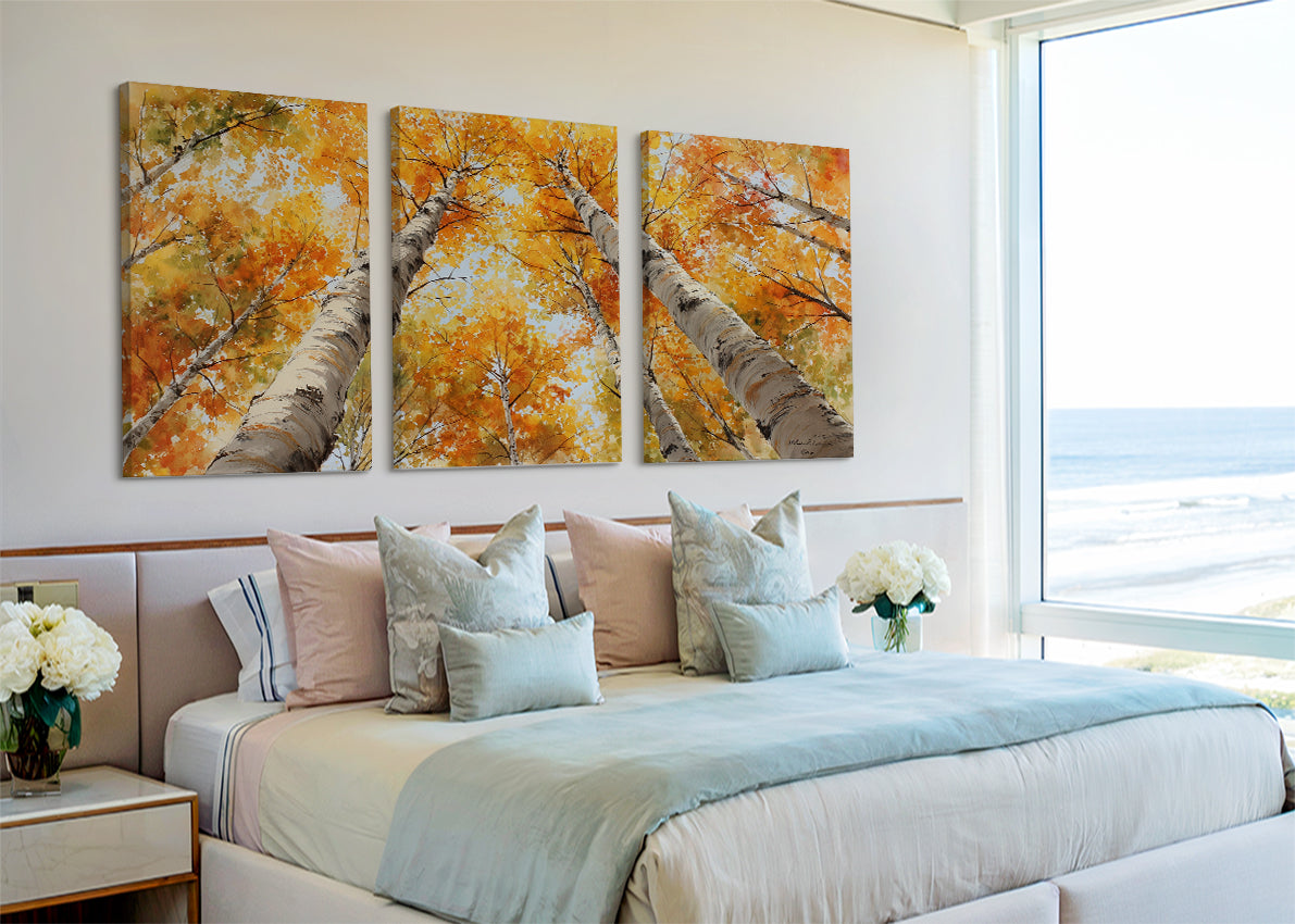 Autumn Birch Trees Canvas Wall Art – Golden Fall Forest Single & 3 Panel Canvas