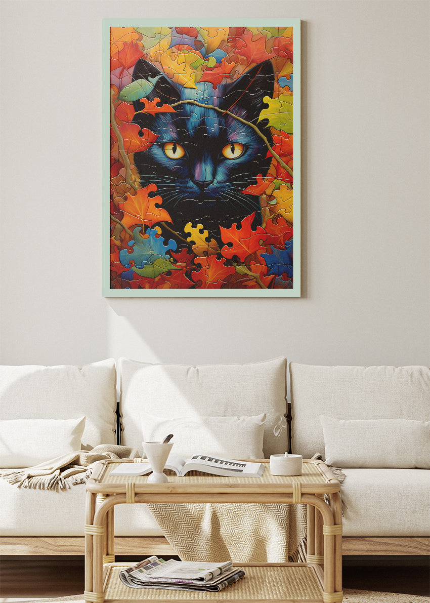 Autumn Black Cat Canvas Print & Poster – Colorful Puzzle Leaf Cat Wall Art