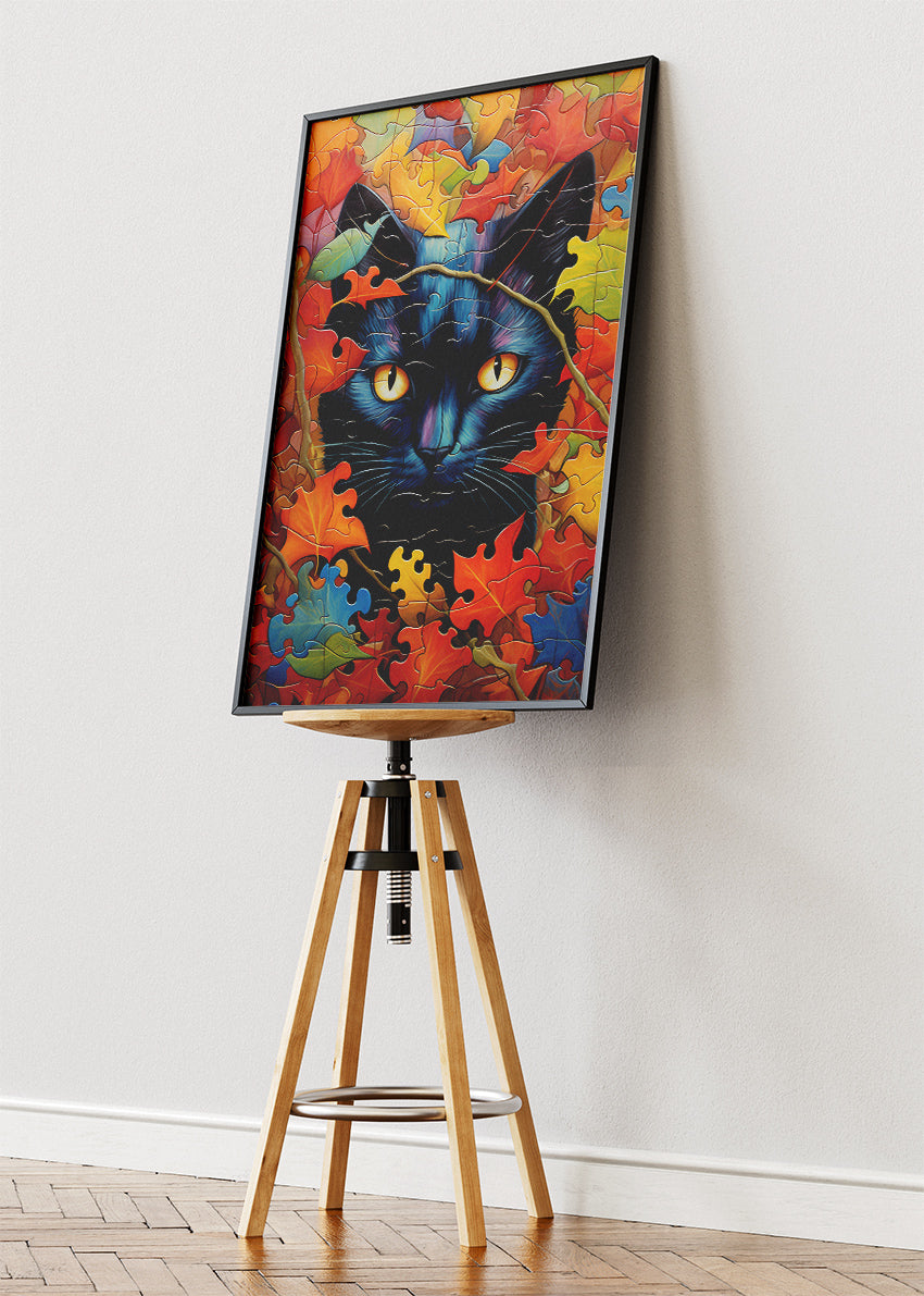 Autumn Black Cat Canvas Print & Poster – Colorful Puzzle Leaf Cat Wall Art