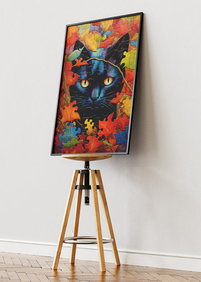 Autumn Black Cat Canvas Print & Poster – Colorful Puzzle Leaf Cat Wall Art