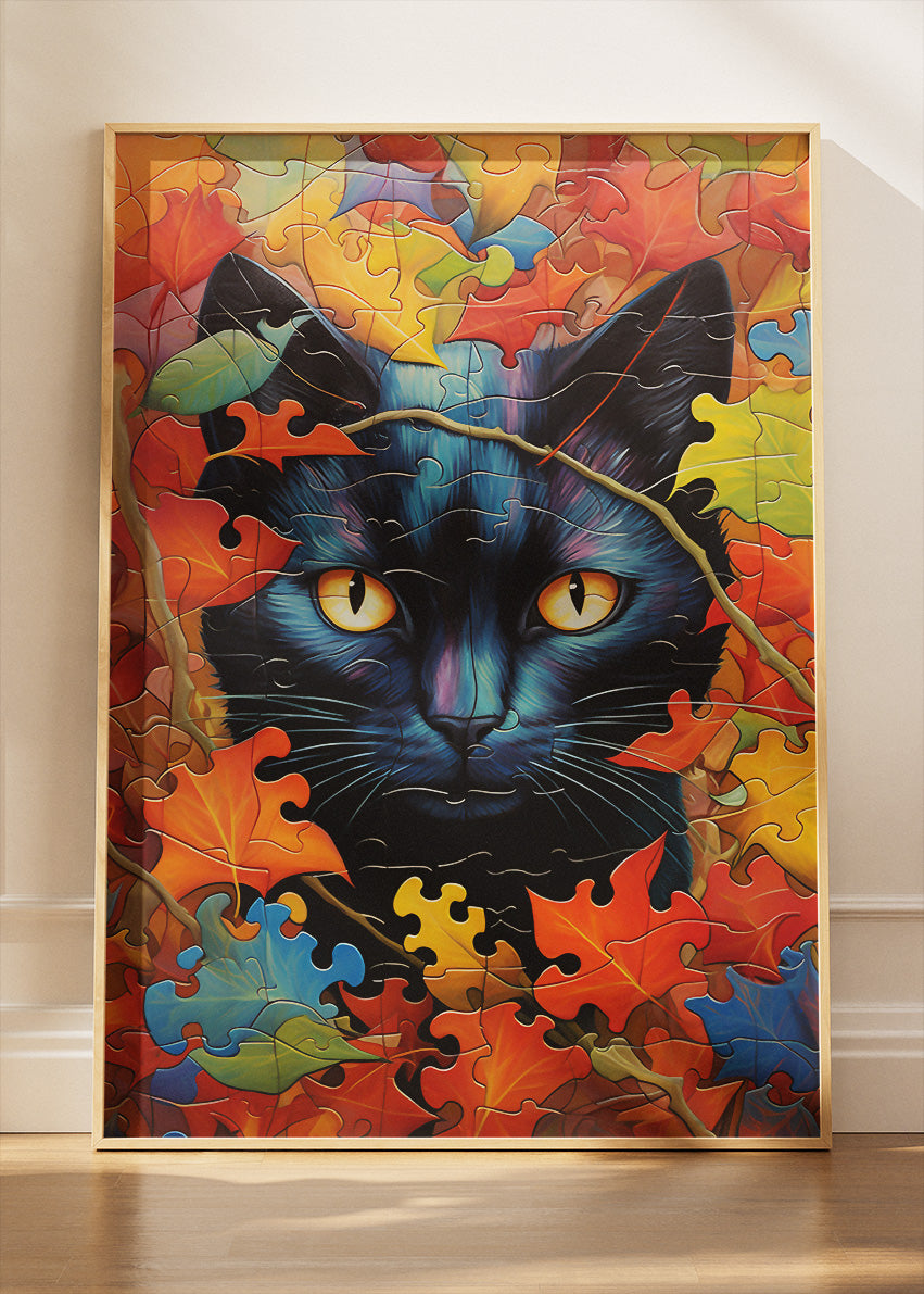 Autumn Black Cat Canvas Print & Poster – Colorful Puzzle Leaf Cat Wall Art