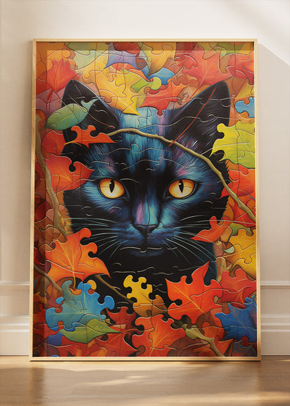 Autumn Black Cat Canvas Print & Poster – Colorful Puzzle Leaf Cat Wall Art