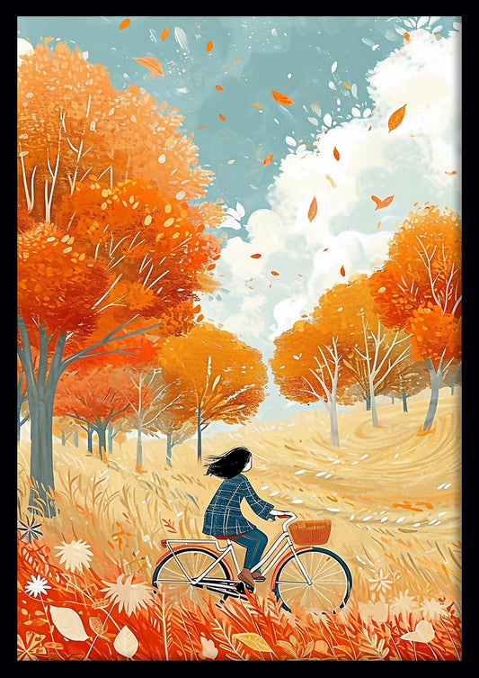 Autumn Breeze Ride – Whimsical Girl on Bicycle Canvas Wall Art – T874 – AiPrintLab