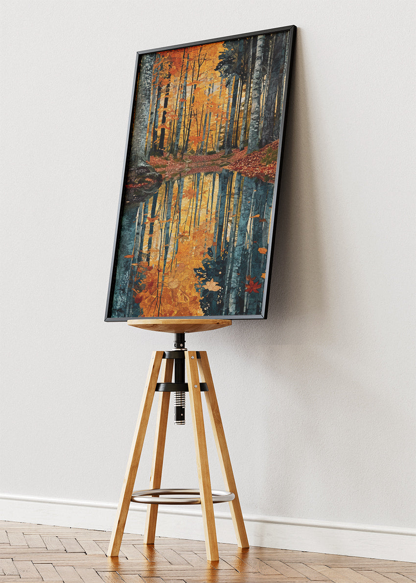 Autumn Forest Reflection Wall Art – Golden Woodland Lake Canvas Print & Modern Nature Landscape Poster for Living Room Decor UK