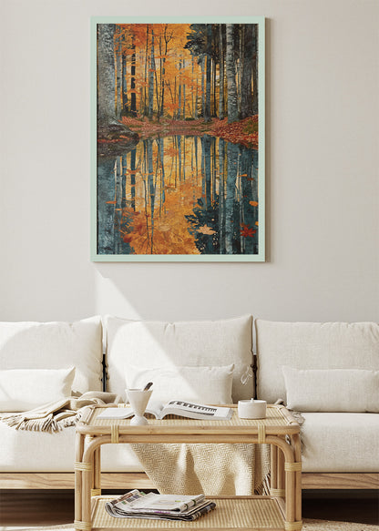 Autumn Forest Reflection Wall Art – Golden Woodland Lake Canvas Print & Modern Nature Landscape Poster for Living Room Decor UK