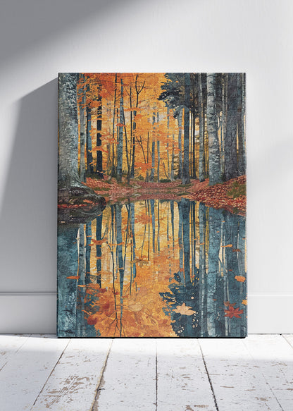 Autumn Forest Reflection Wall Art – Golden Woodland Lake Canvas Print & Modern Nature Landscape Poster for Living Room Decor UK