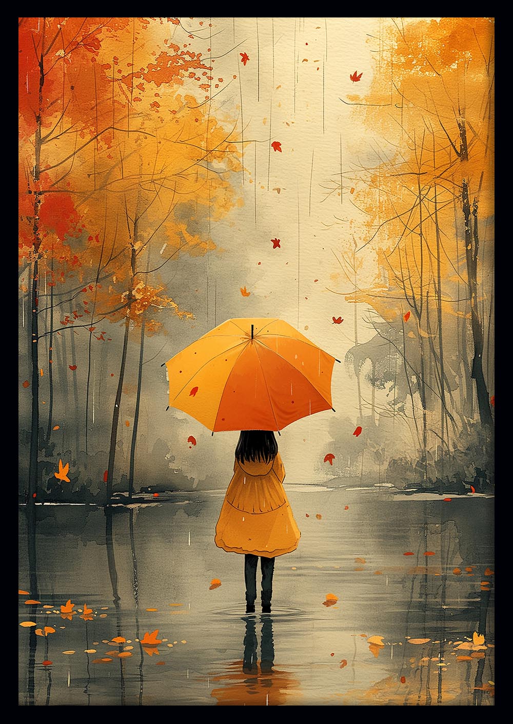 Autumn Girl with Umbrella – Rainy Forest Canvas & Poster Art – T1184 – AiPrintLab
