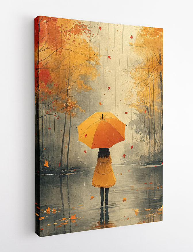 Autumn Girl with Umbrella – Rainy Forest Canvas & Poster Art – T1184 – AiPrintLab