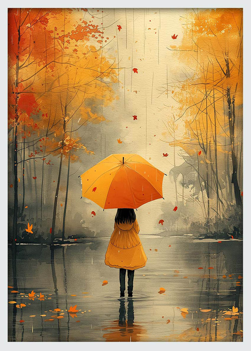 Autumn Girl with Umbrella – Rainy Forest Canvas & Poster Art – T1184 – AiPrintLab