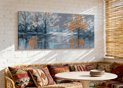 Autumn Lake Reflection Canvas Wall Art – Modern Abstract Tree Landscape – Single & 3 Panel Canvas – AI PRINT LAB