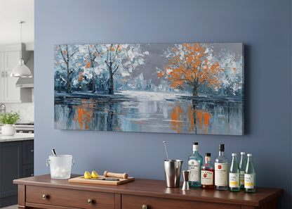 Autumn Lake Reflection Canvas Wall Art – Modern Abstract Tree Landscape – Single & 3 Panel Canvas – AI PRINT LAB