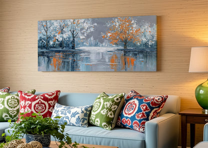 Autumn Lake Reflection Canvas Wall Art – Modern Abstract Tree Landscape – Single & 3 Panel Canvas – AI PRINT LAB