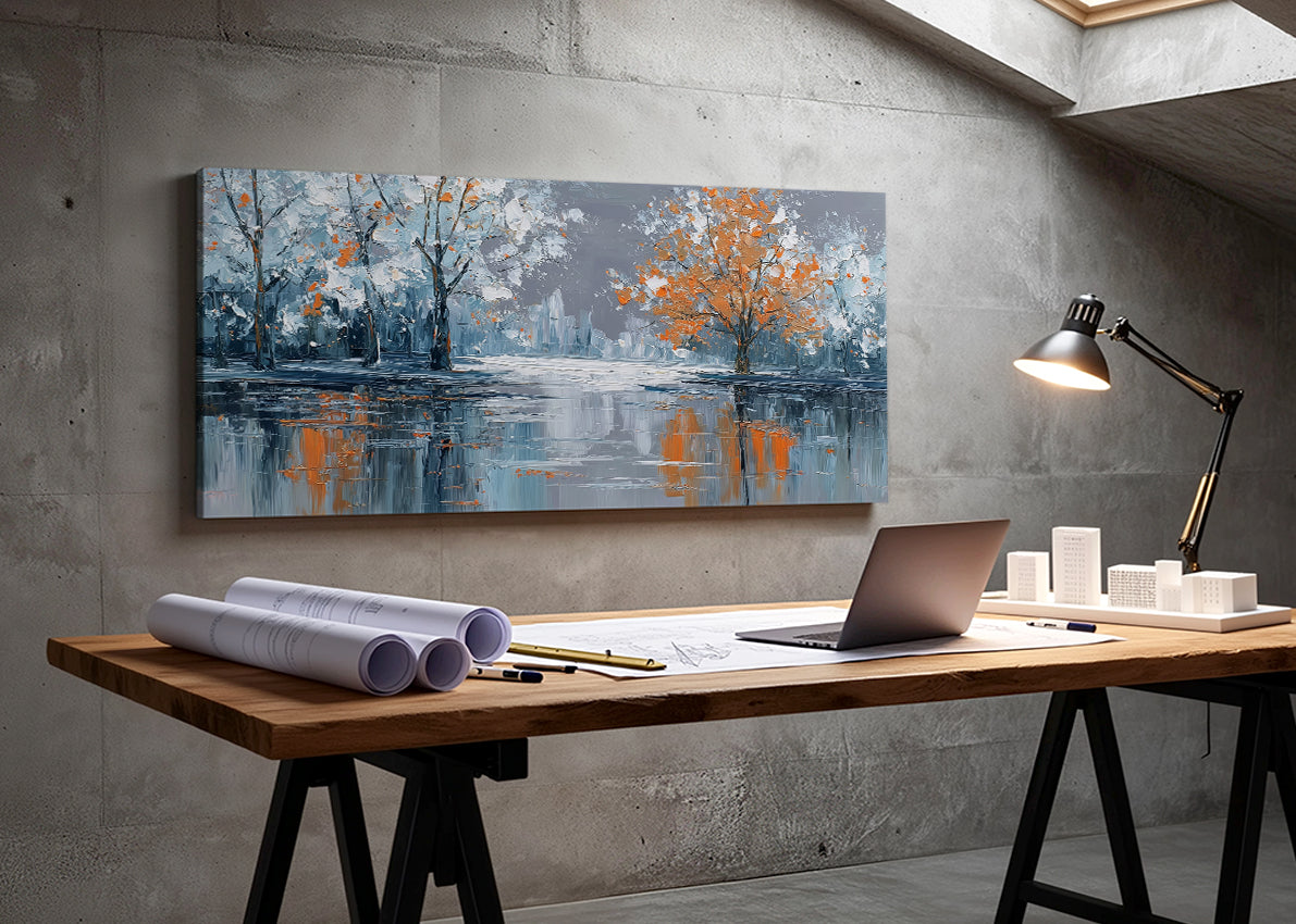 Autumn Lake Reflection Canvas Wall Art – Modern Abstract Tree Landscape – Single & 3 Panel Canvas – AI PRINT LAB