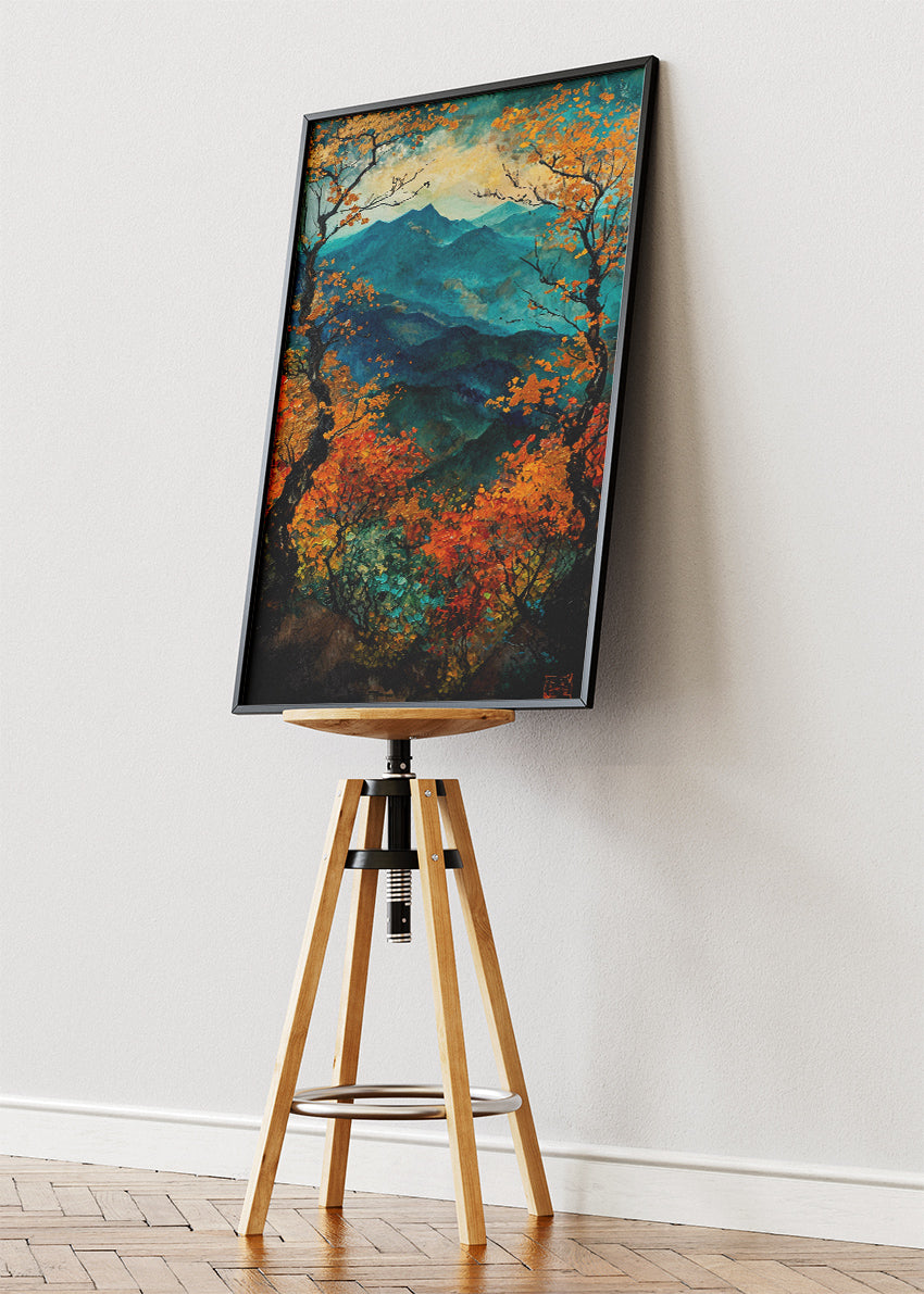 Autumn Mountain Vista – Teal & Amber Forest Canvas & Poster Print – AI PRINT LAB