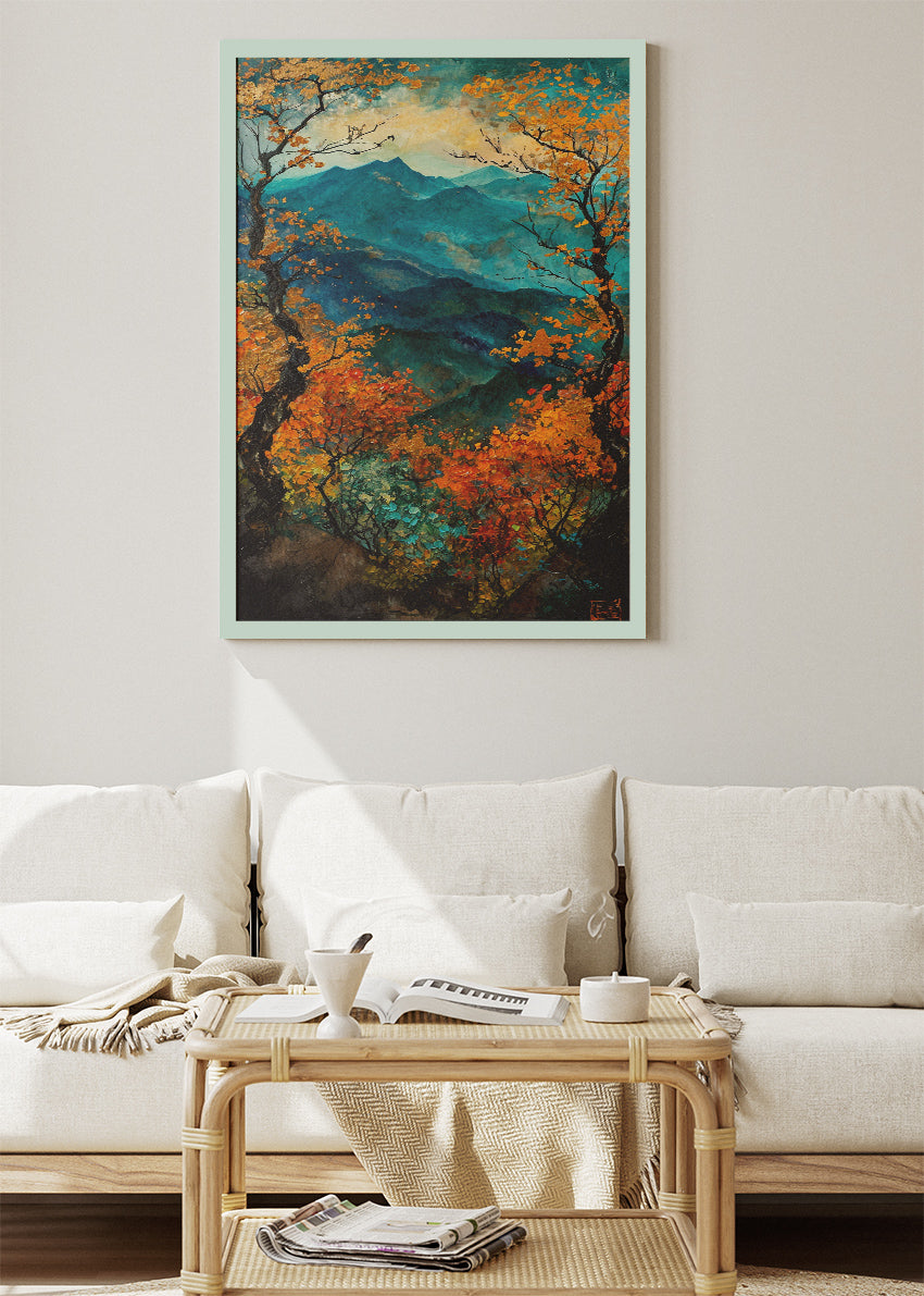 Autumn Mountain Vista – Teal & Amber Forest Canvas & Poster Print – AI PRINT LAB