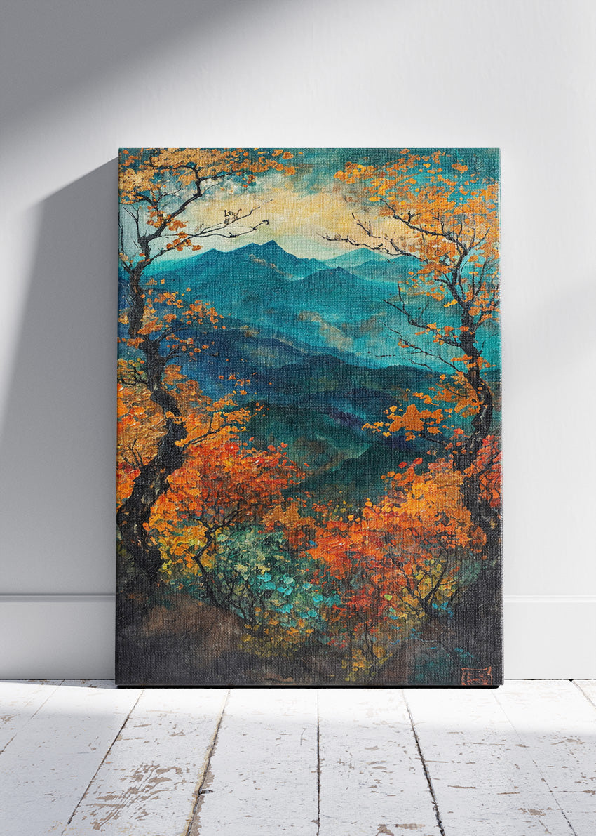 Autumn Mountain Vista – Teal & Amber Forest Canvas & Poster Print – AI PRINT LAB