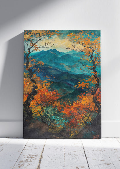 Autumn Mountain Vista – Teal & Amber Forest Canvas & Poster Print – AI PRINT LAB