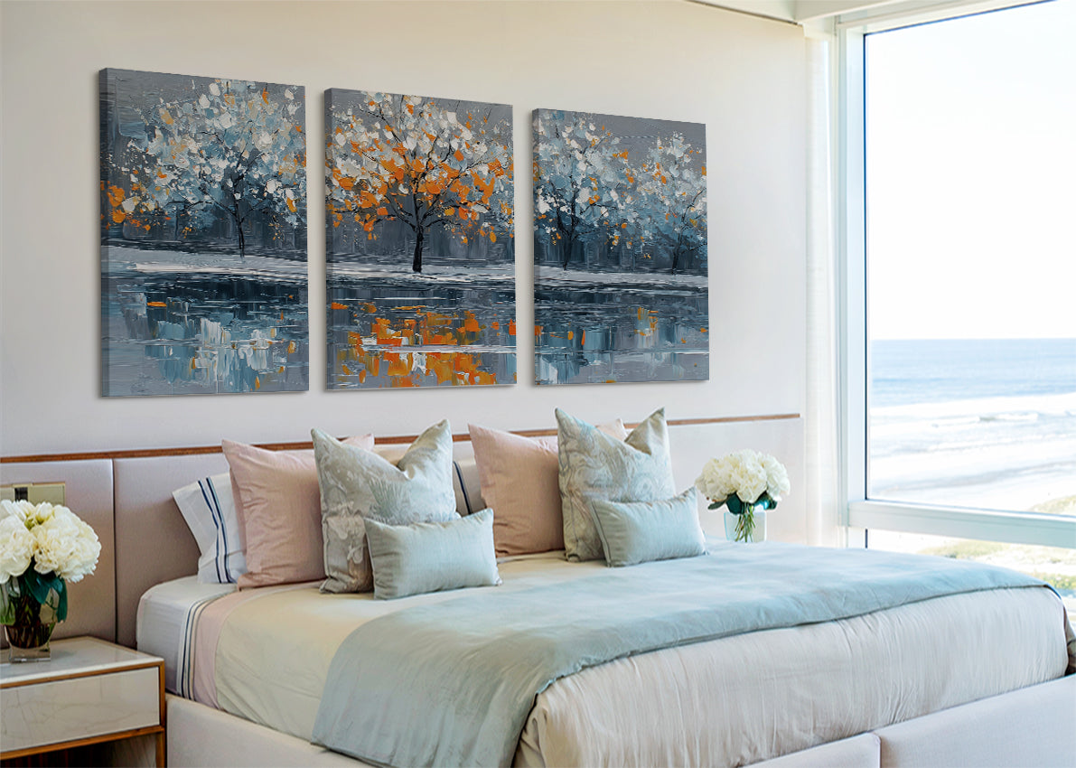 Autumn Reflection Trees Canvas Wall Art – Modern Abstract Lake Landscape – Single & 3 Panel Canvas – AI PRINT LAB